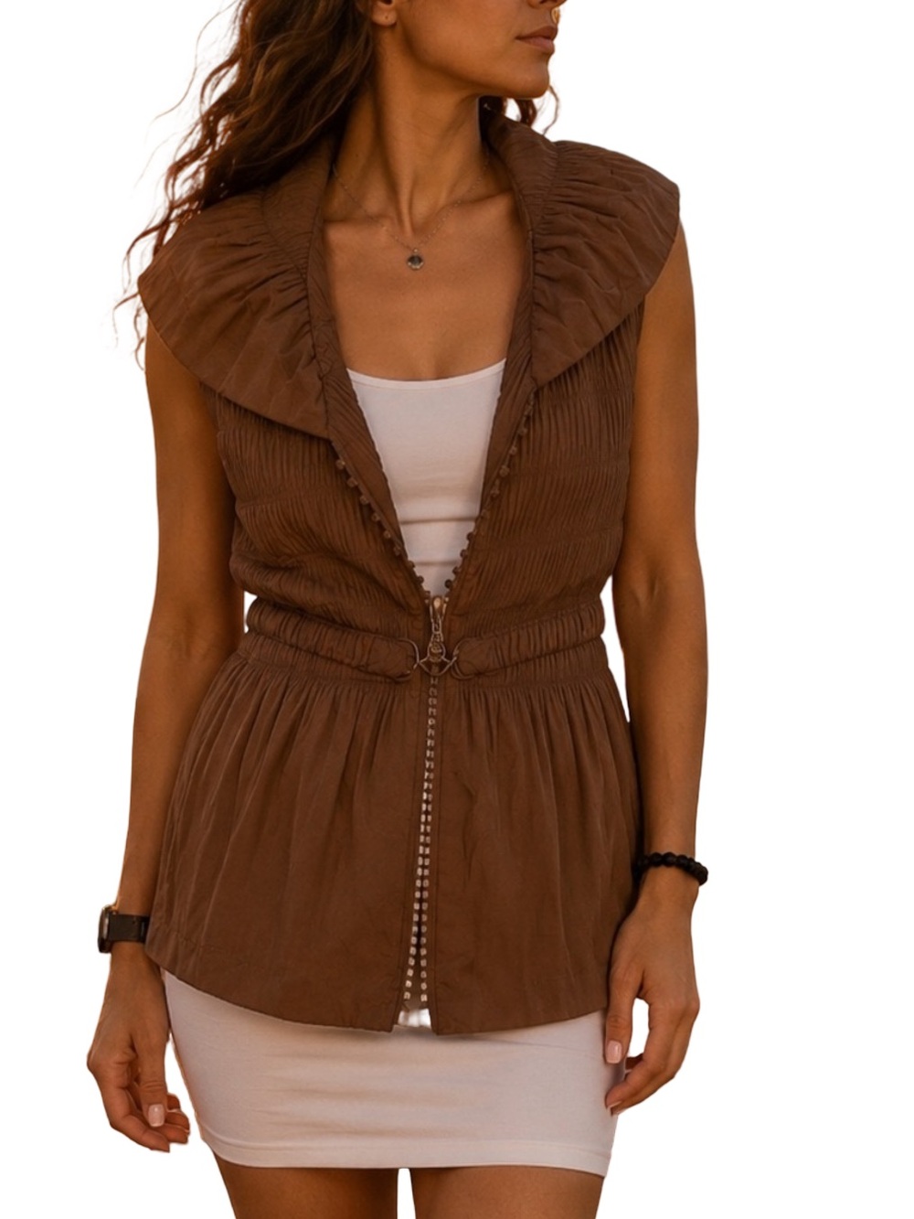 Jerry T Tan Artisanal Silky Accordion Pleated Beaded Zip Vest Pockets Size Med
